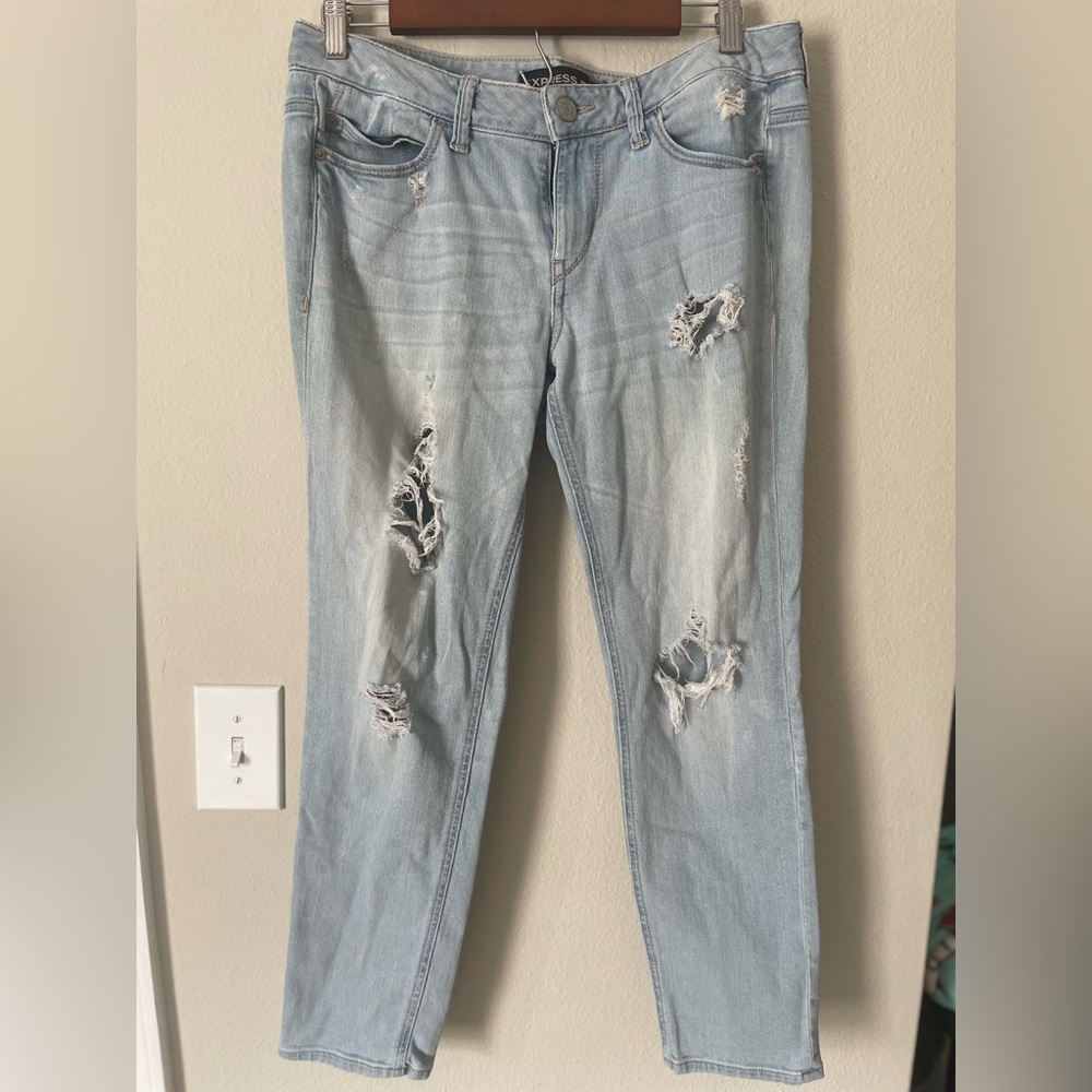Express Light Blue Distressed Straight Leg Jeans
